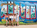 bride, maid of honor, and bridesmaids standing in front of austin texas multicolored mural