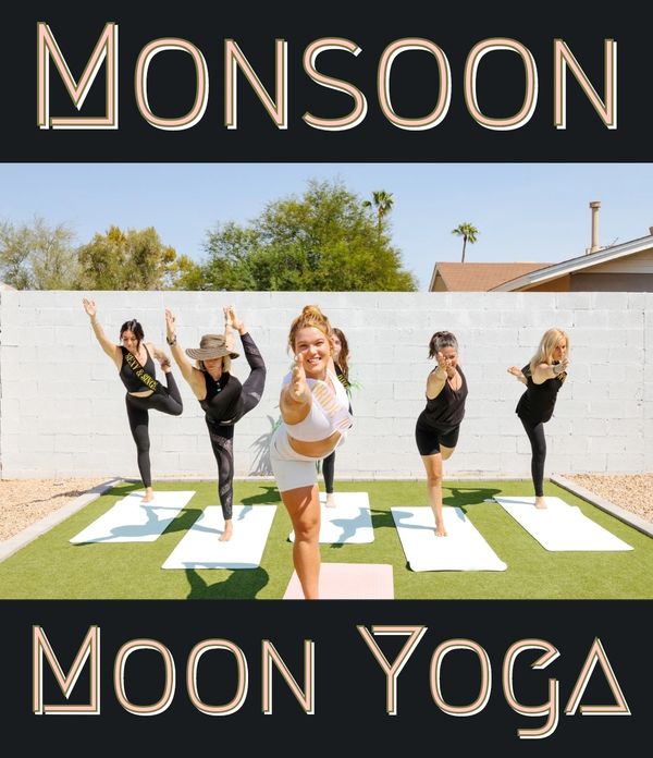 bride with maid of honor and bridal party performing yoga in Scottsdale Arizona backyard.