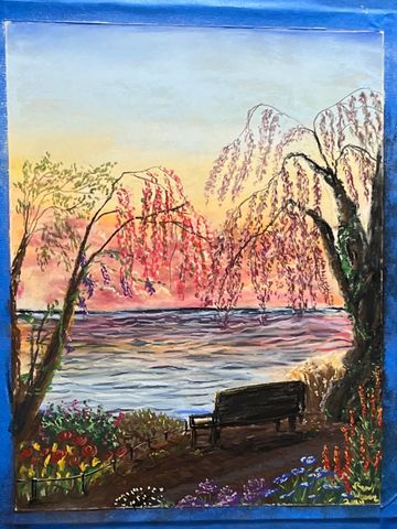 This is a chalked pastel picture on a thick sandpaper-like material sized 11" x 14". It was sprayed