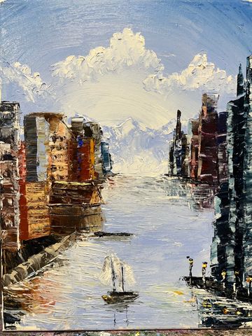 This is an oil painting done with a pallet knife on stretched canvas. The size is 11" x 14