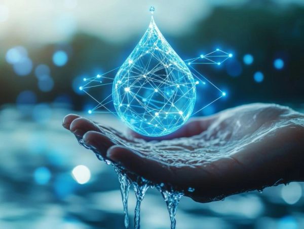 Mano sostiene una gota de agua digital luminosa.