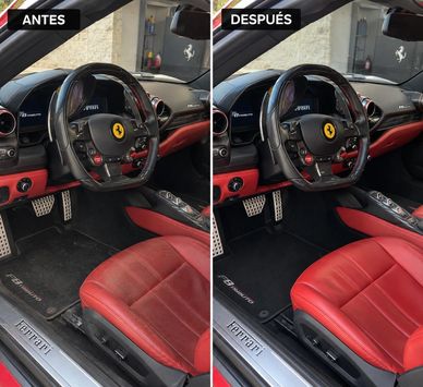 Comparación del interior del automóvil antes y después de la limpieza.