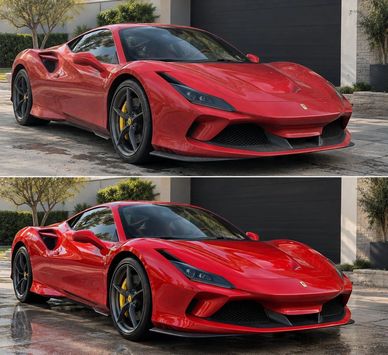 Auto deportivo Ferrari rojo estacionado en exterior.