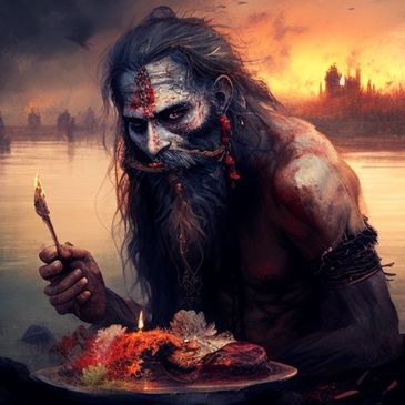 A fierce, ritualistic figure with face paint holding a torch near a burning offering.