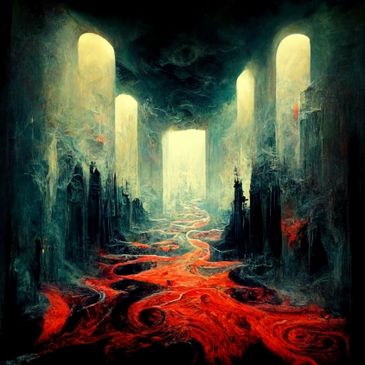 A dark, eerie hall with glowing red lava flowing through it.