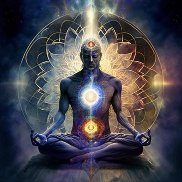 Meditating figure with illuminated chakras and cosmic background.