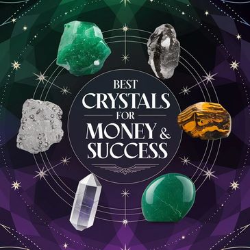 Illustration of six crystals with text about money and success benefits.