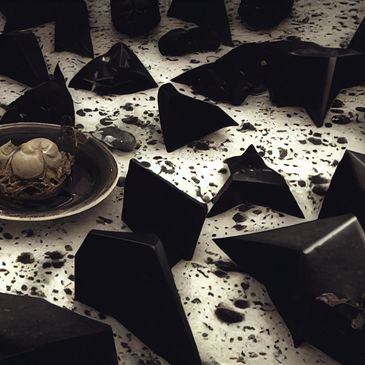 Dark geometric stones scattered on a speckled surface with a bowl holding an organic object.