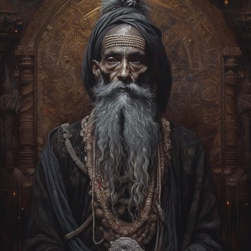 Elderly sage with long beard and traditional adornments in a mystical setting.
