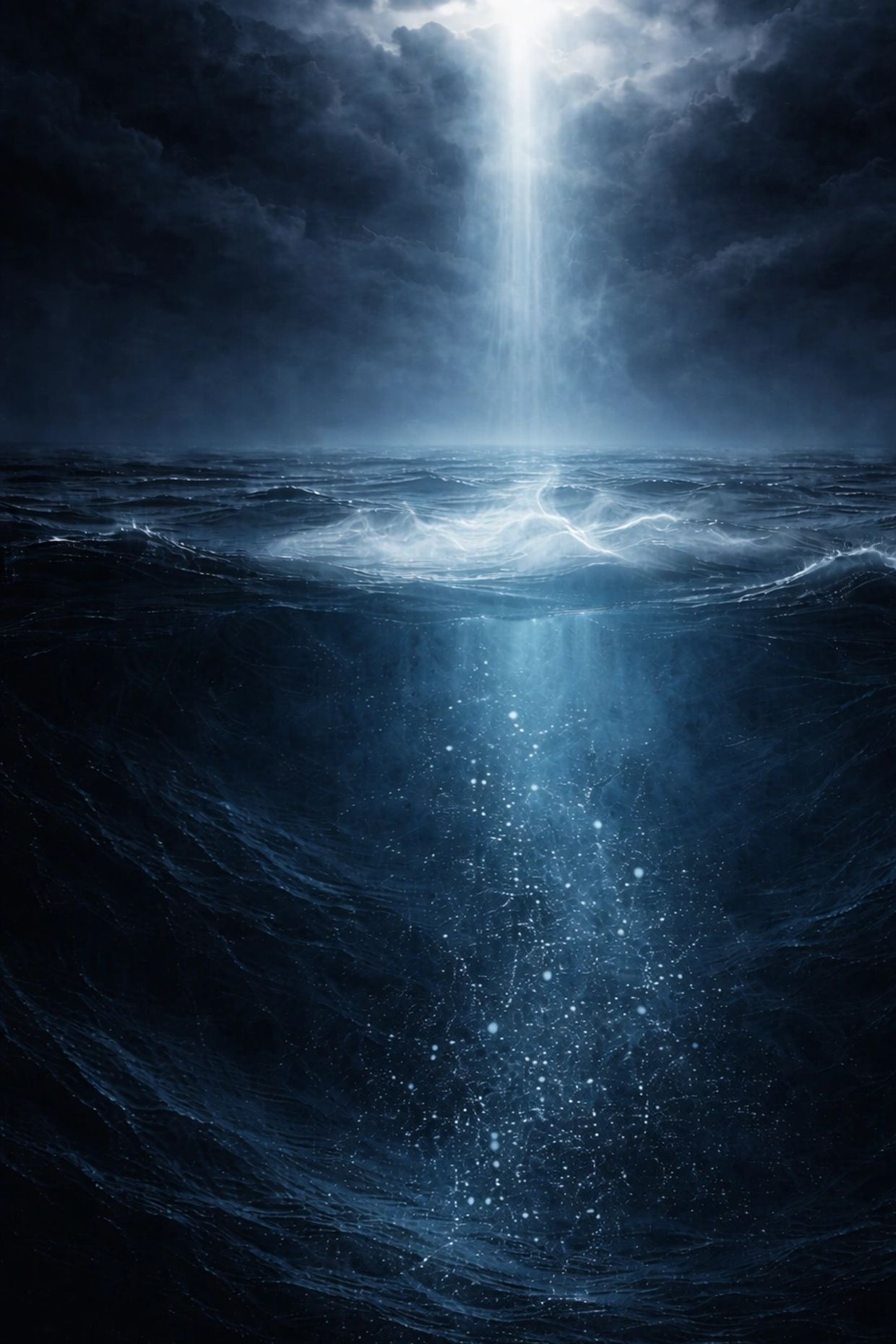 A powerful beam of light pierces dark stormy clouds and ocean depths.