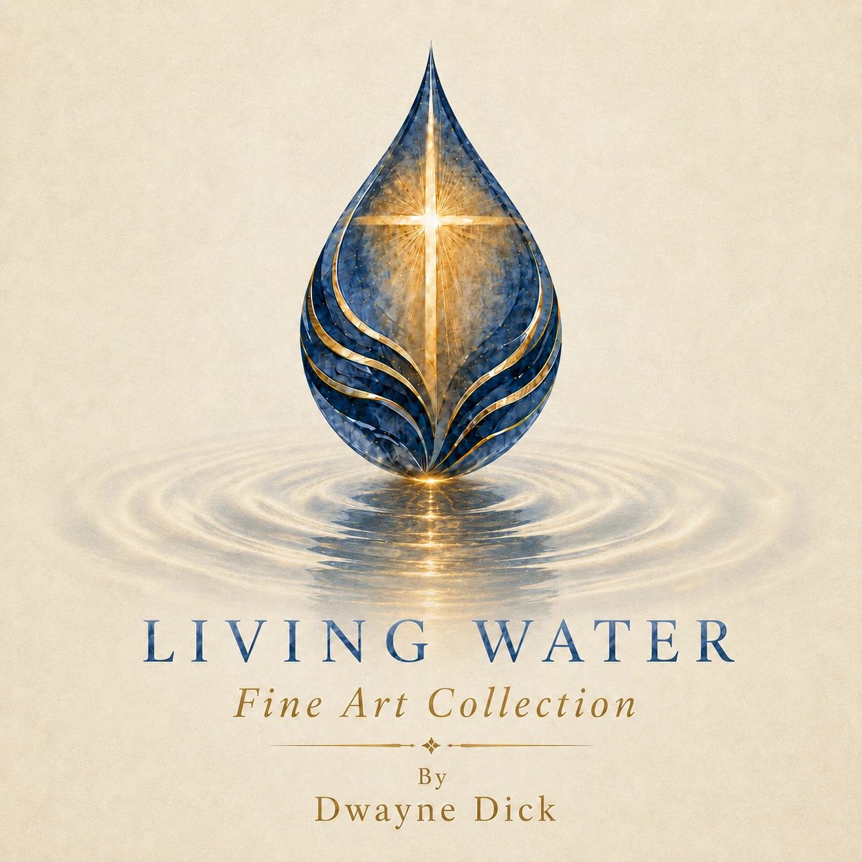 Artistic water droplet with a glowing cross, titled Living Water by Dwayne Dick.