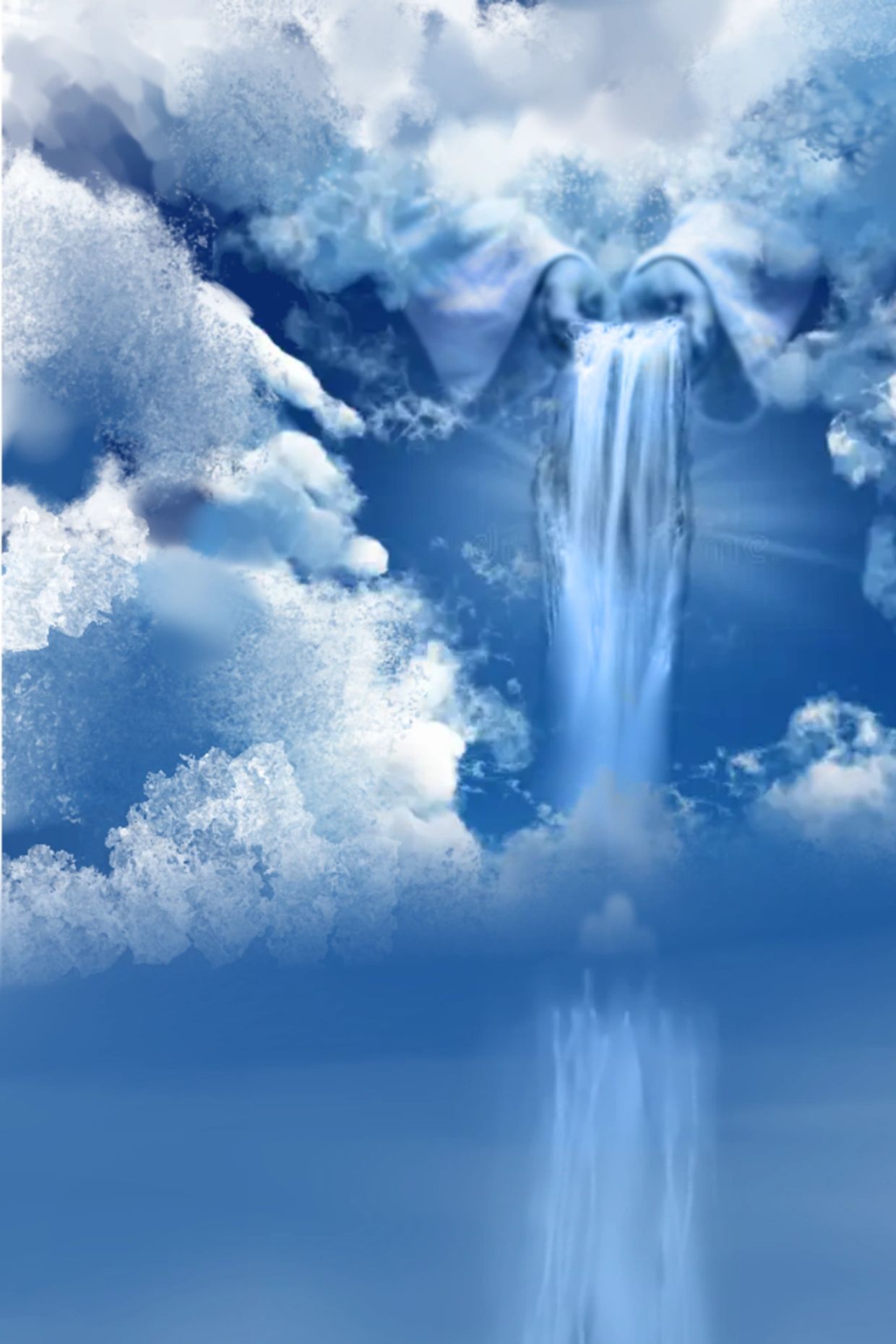 Surreal clouds forming a waterfall in the sky.