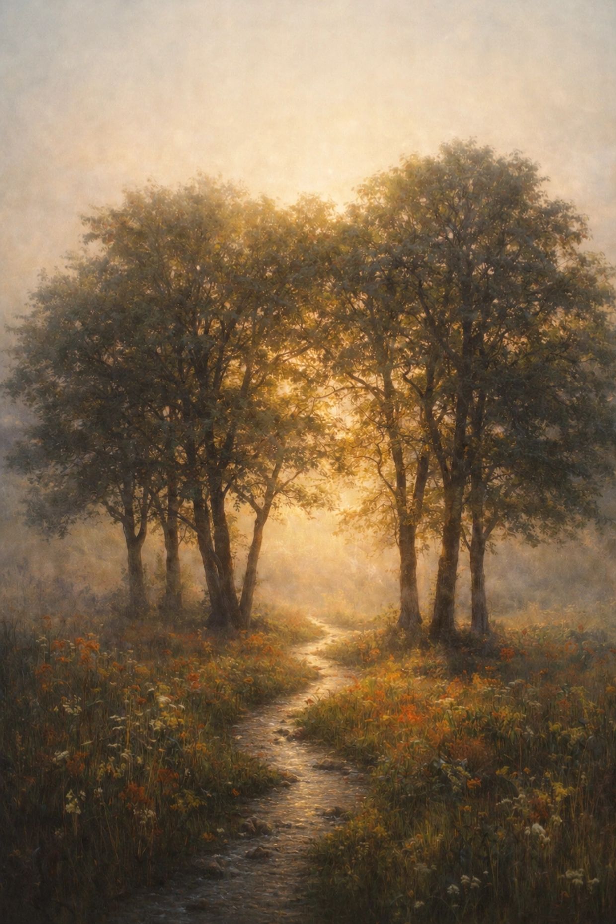 A serene pathway through glowing trees at sunrise.