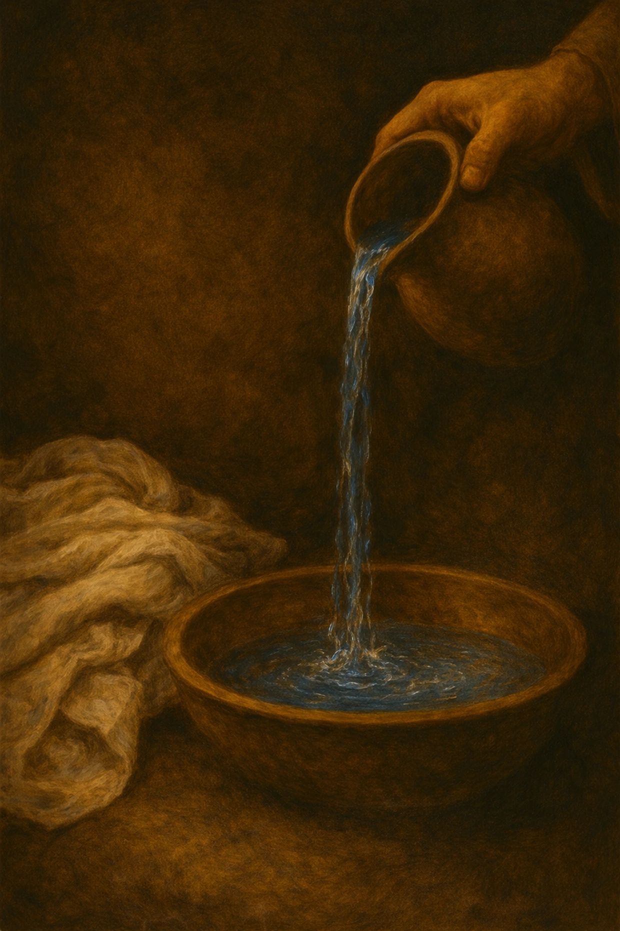 A hand pours water from a clay pitcher into a bowl in a dimly lit setting.
