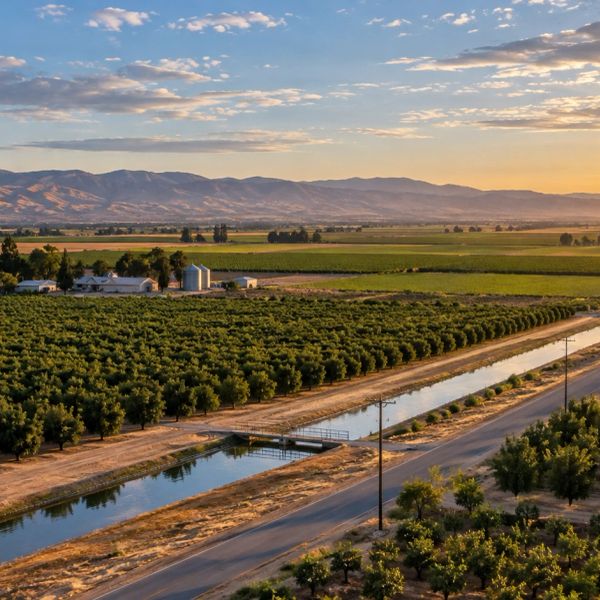 Scenic farmland with irrigation canal and mountains.