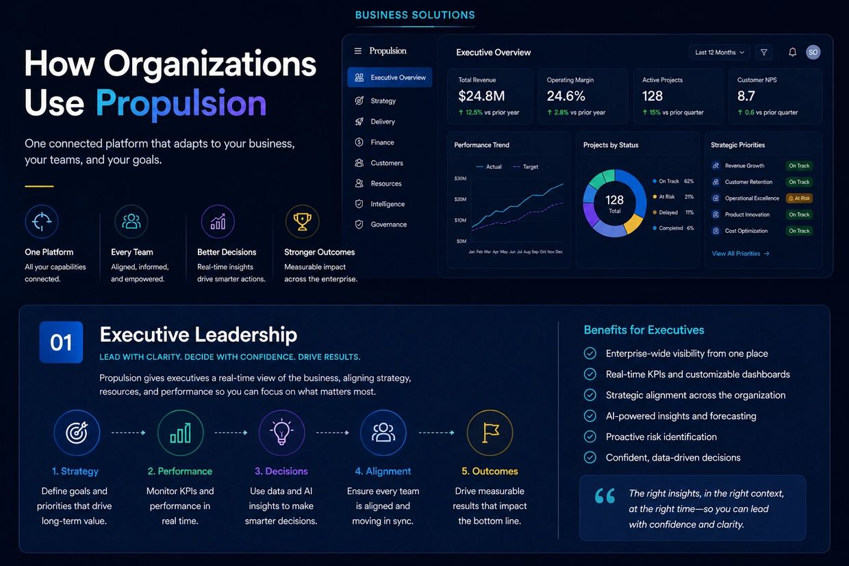 Overview of how organizations use Propulsion for executive leadership and business insights.