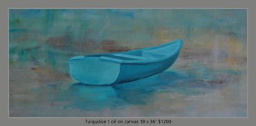 Turquoise painting of boat, meditative dreamy painting, contemporary art, abstract art, art collecti