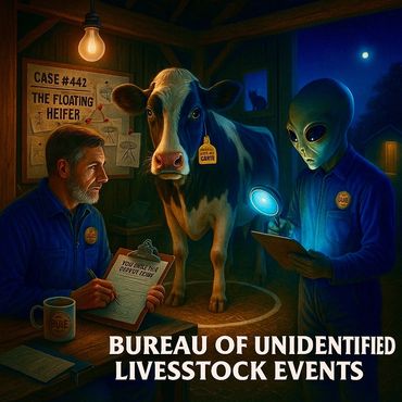 An alien and investigator question a levitating cow in this surreal rural case file.
