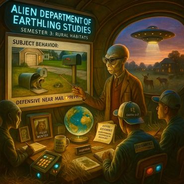 Aliens attend a lecture on rural human behavior at the Department of Earthling Studies.