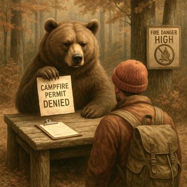 A ranger bear rejects a hiker’s campfire request as forest fire danger levels run high.