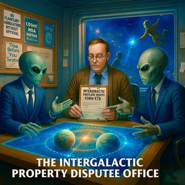 An alien boardroom debates planetary borders as a human clerk files endless dispute forms