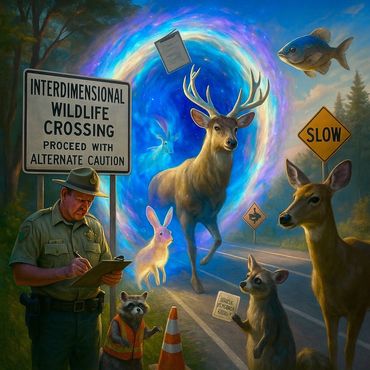 A ranger documents glowing animals emerging from an interdimensional wildlife portal.