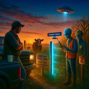 Aliens issue a boundary citation while a farmer debates fence regulations under a UFO sky.