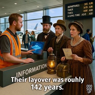 Time-lost passengers from 1883 finally reach the information desk for rebooking.