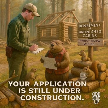 A beaver reviews blueprints with a ranger outside the Department of Unfinished Cabins.