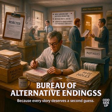 An overworked editor reviews stacks of rejected realities at the Bureau of Alternative Endings.