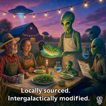 Farmers dine with aliens showcasing genetically perfected cosmic corn cuisine.