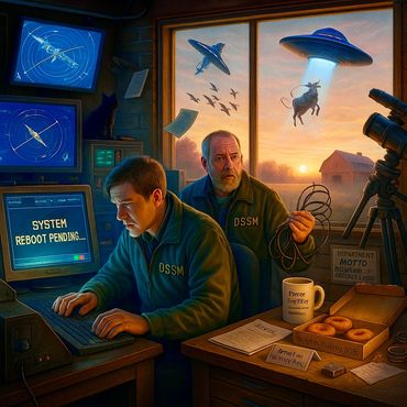 Overworked sky monitors scramble to fix a celestial glitch as UFOs drift off-script.