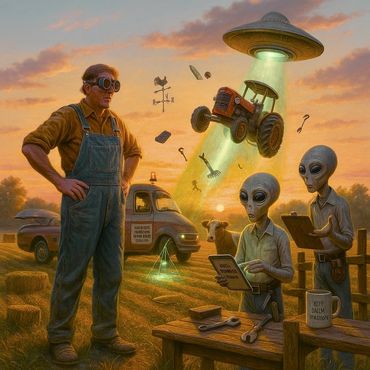 A farmer supervises extraterrestrial interns practicing advanced tractor-lifting techniques.