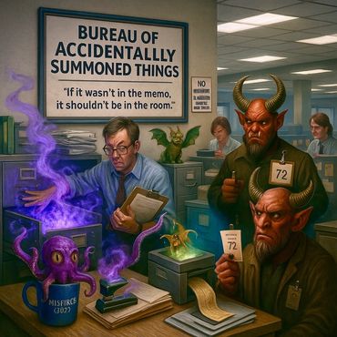 Clerks handle infernal paperwork at the Bureau of Accidentally Summoned Things.