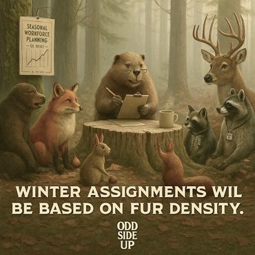 Forest animals attend a woodland meeting as a beaver assigns winter duties by coat thickness.