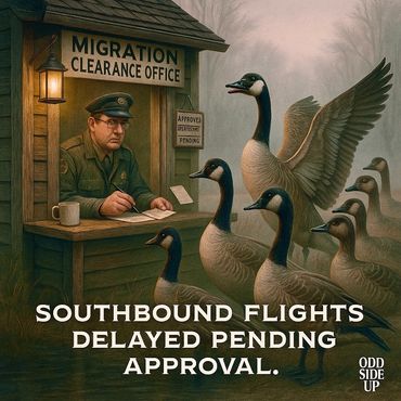 Migrating geese wait impatiently at the Migration Clearance Office for takeoff authorization.