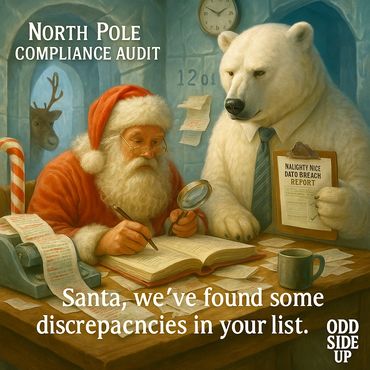 A polar bear auditor reviews Santa’s naughty-nice records during the North Pole Compliance Audit.