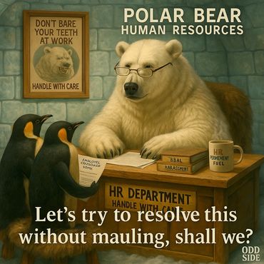 A polar bear HR rep mediates between penguin coworkers in the icy Polar Bear Human Resources office