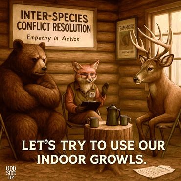 A fox therapist mediates between a bear and deer at the Inter-Species Conflict Resolution offi