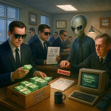 Agents dispute overtime pay with an alien auditor in the Men-in-Black Payroll Office.