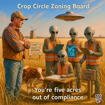 Alien inspectors cite a farmer for improper crop circle alignment under galactic zoning law.