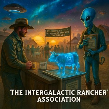 Farmers and aliens trade livestock tech at the annual Intergalactic Ranchers’ Conference.
