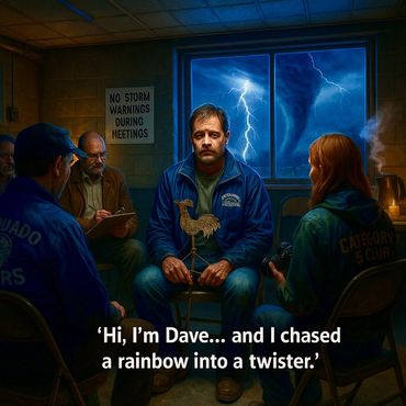 Storm chasers share regrets in the Category 5 Club’s weekly recovery meeting.