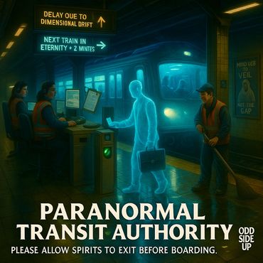 Commuters wait as ghosts delay departures at the Paranormal Transit Authority.