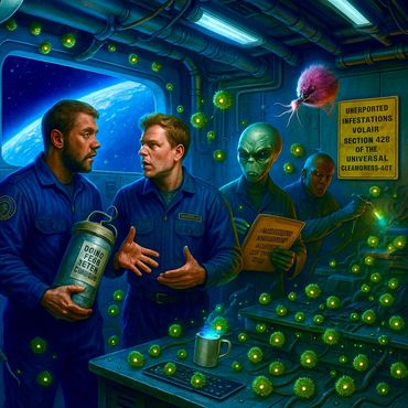 Space janitors argue over an intergalactic infestation under the Cleanomorphs Act.