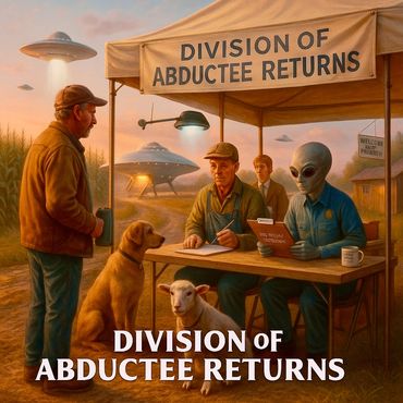 Aliens debrief a farmer on his return paperwork at the Division of Abductee Returns.
