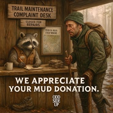 A tired hiker files a complaint at the Trail Maintenance Desk run by an unimpressed raccoon.