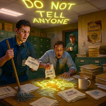 Agents panic as a secret file literally illuminates its own confidentiality warning.