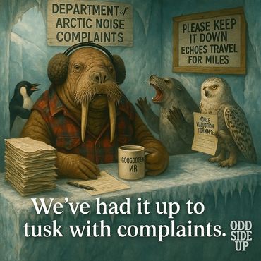 A weary walrus handles Arctic Noise Complaints as loud animals protest in his icy office.
