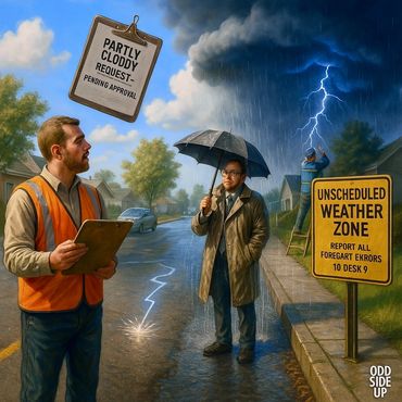 A meteorologist files a complaint at the Division of Unscheduled Weather Zones.